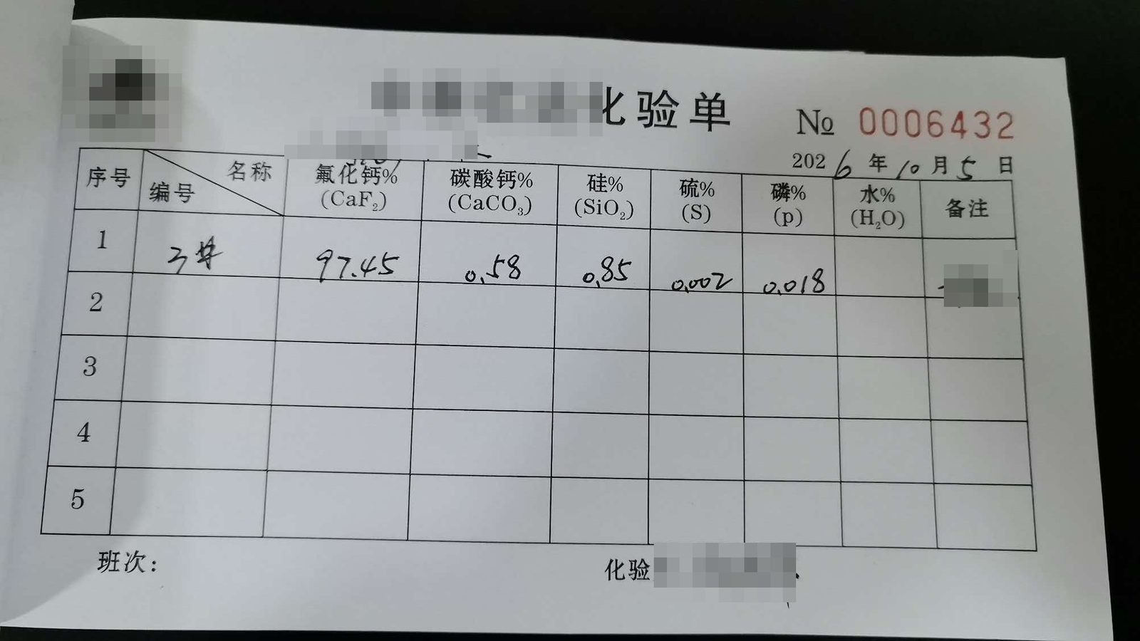Laboratory analysis sheet for fluorspar lot 3, dated 5 October 2026, with laboratory name and signatures masked